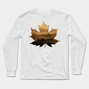 Maple Leaf Silhouette Lanscape Foggy Forest Long Sleeve T-Shirt